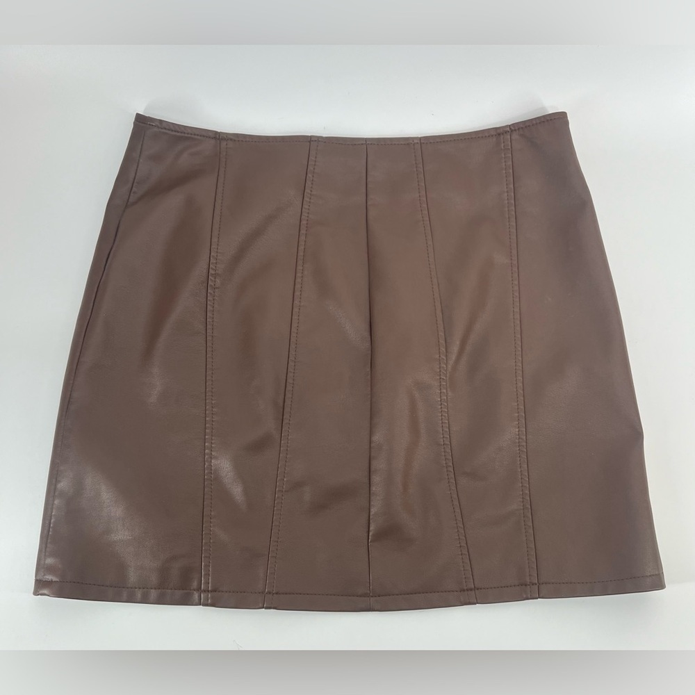 Free People Layla Vegan Faux Leather Mini Skirt Brown Brownstone Zipper 8 Eight - Picture 7 of 10